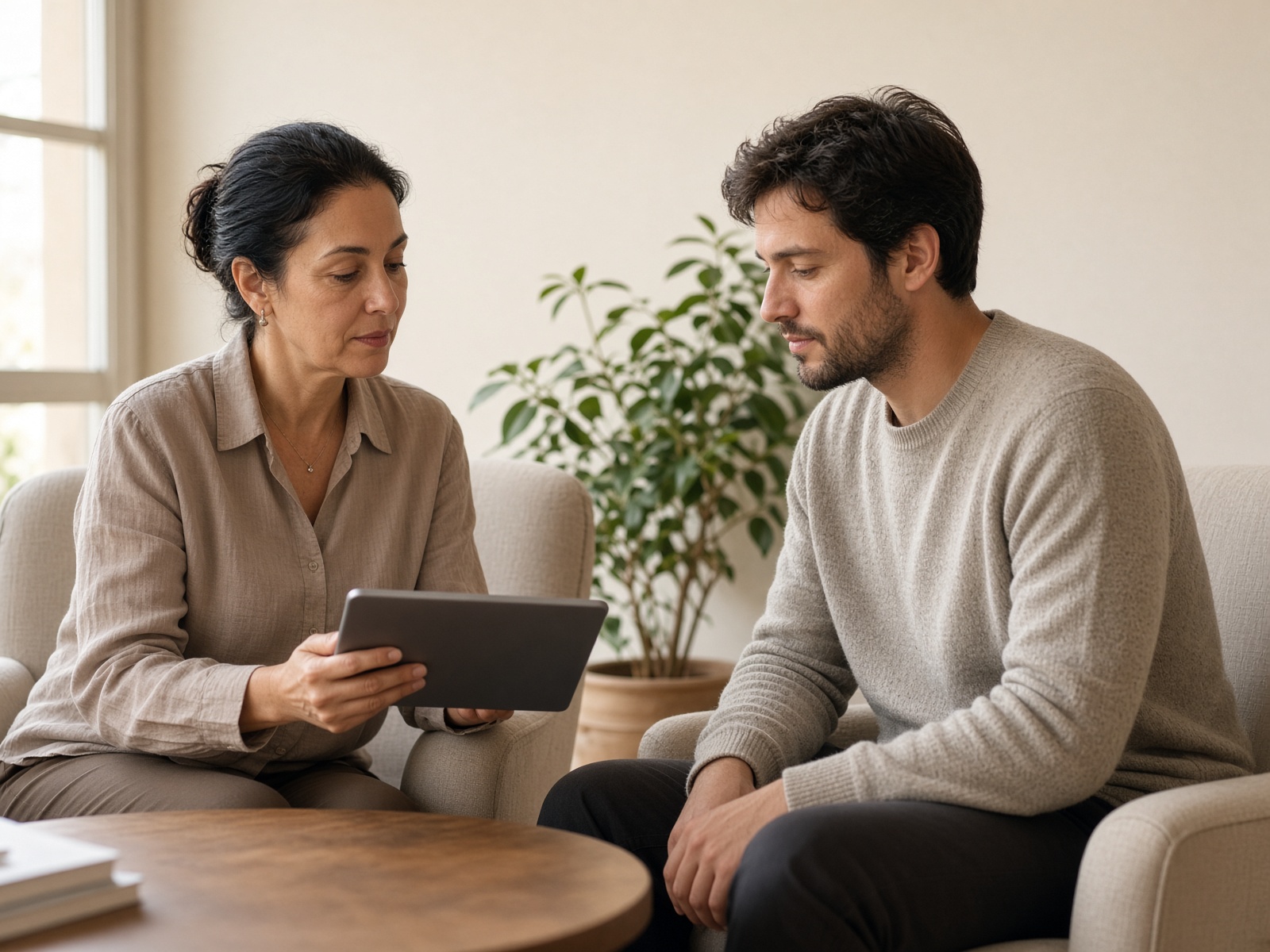 A therapist and a client looking at a worksheet together on a tablet